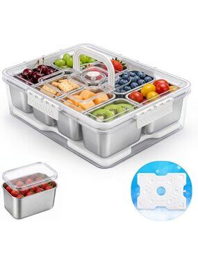 Divided Snack Container with Ice Pack - 8-Compartment Serving Tray for Parties